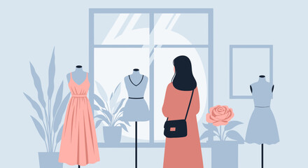 Woman Admiring Fashion Dresses In A Boutique Display Window Shopping Concept