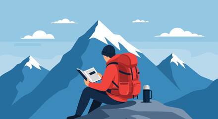 Fototapeta premium Reader Enjoying The Fresh Air In The High Snowy Mountain During A Hiking Trip