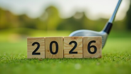 wooden cubes with the number 2026 written on them against the backdrop of a golf club