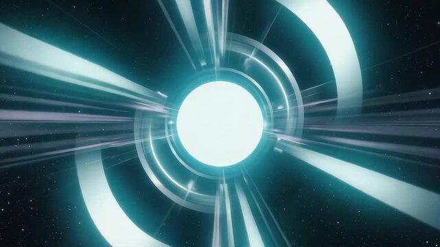 Glowing futuristic circular portal opening in the middle of dark space with bright light rays and trails leading to a white energy sphere, creating a sense of speed and interstellar travel - Powered by Adobe
