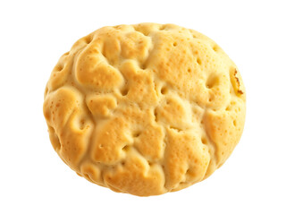 Flat top view of a golden-brown cookie with textured surface, ideal for food themes. Generative AI