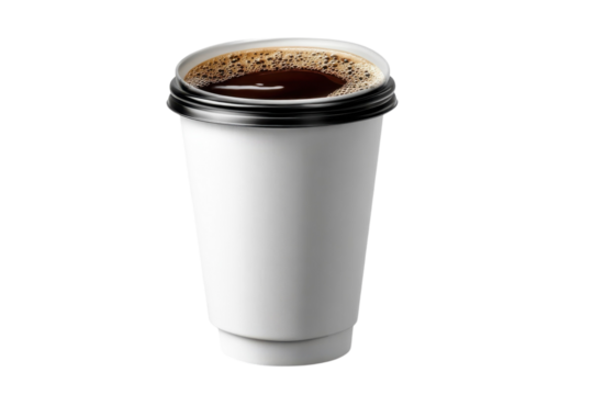 White coffee cup black lid dark roast coffee drink coffee foam caffeine boost energy to go take away