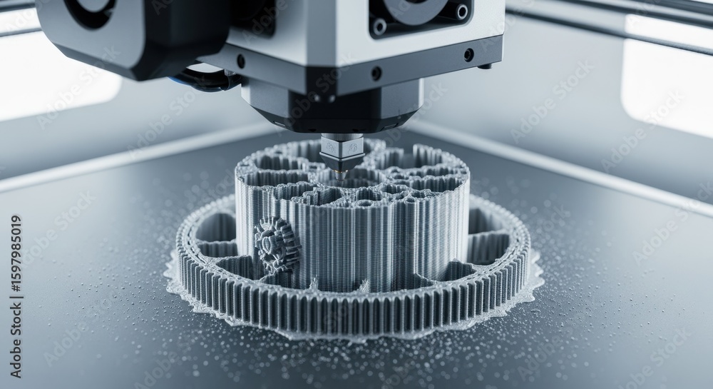 Poster modern 3d printer is creating a complex gear mechanism using additive manufacturing technology, show