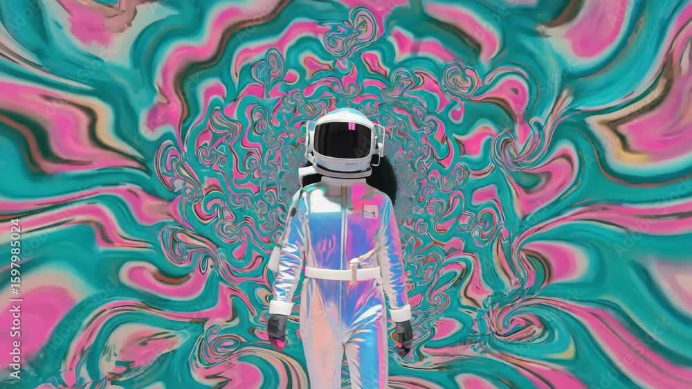 Poster astronaut wearing a white spacesuit walks through a colorful psychedelic wormhole tunnel in space, c