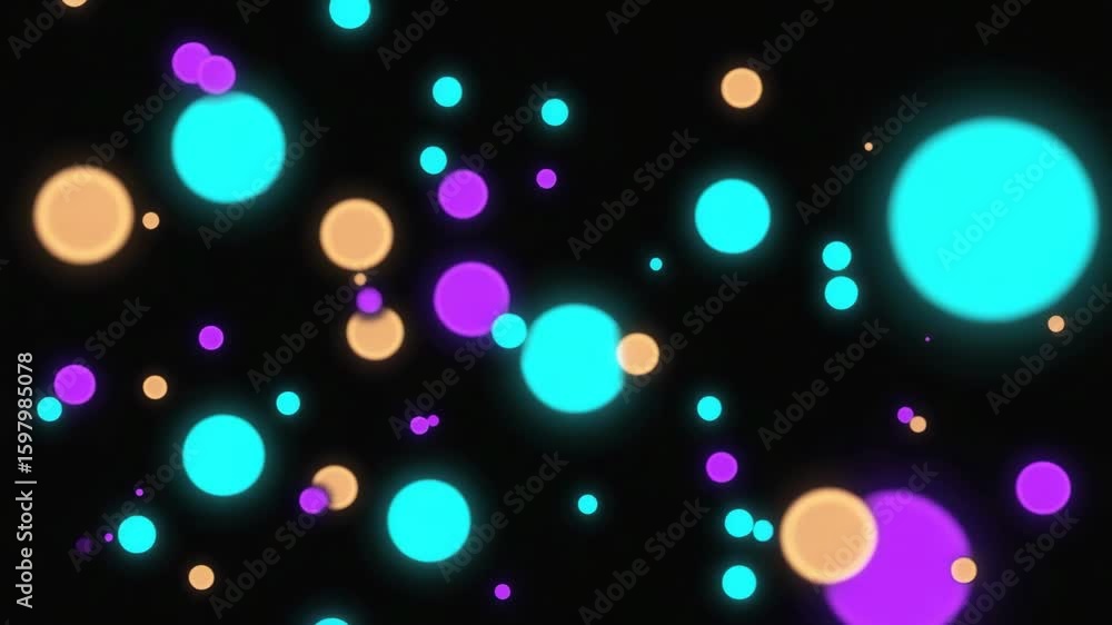 Poster bright turquoise, purple and gold circles are floating and glowing on a black background, creating a