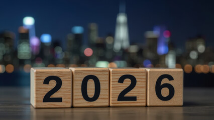 wooden cubes with the number 2026 written on them. In the background is a blurred silhouette of a night city