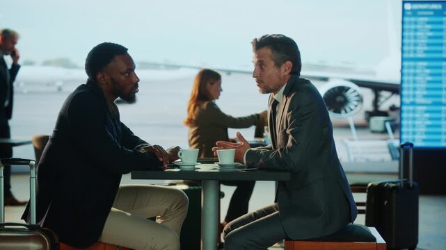 Two men in suits have a conversation at an airport cafe, discussing business, with coffee and a flight display in the background.