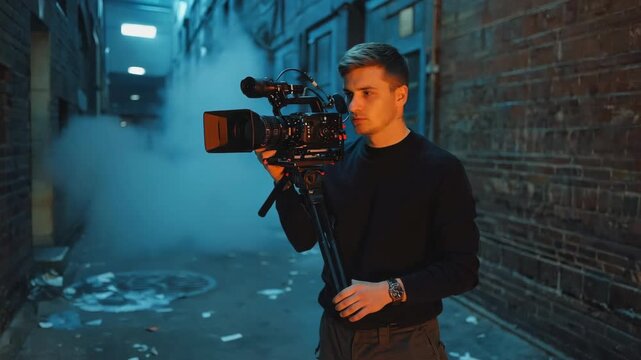 Professional videographer holding a cinema camera on a tripod, filming a scene in a dark alley at night, illuminated by artificial blue light and smoke