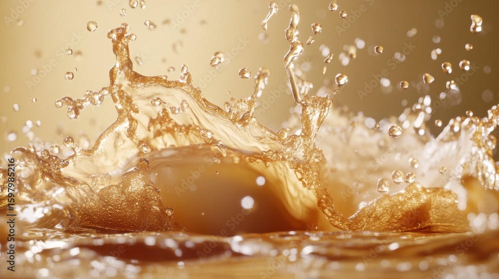 Poster close-up of amber liquid splashing, creating dynamic crown splash with droplets.
