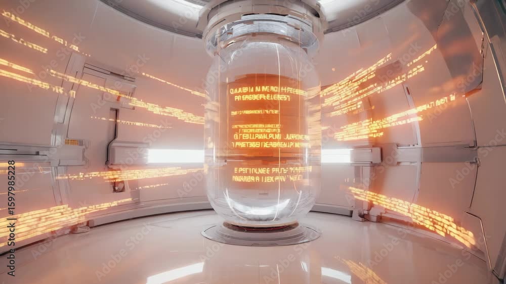 Poster glowing orange data streams flow around a central glass cylinder in a futuristic laboratory, suggest