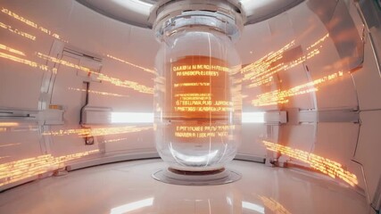 Glowing orange data streams flow around a central glass cylinder in a futuristic laboratory, suggesting advanced data processing or scientific experimentation - Powered by Adobe