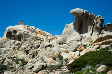 Oddly shaped granite rocks on Capo Testa, the near the sea along the coast, Santa Teresa di...