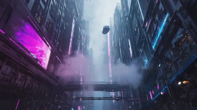 Flying cars navigate through a futuristic cityscape filled with towering skyscrapers, neon lights, and a pervasive fog, creating a cyberpunk atmosphere
