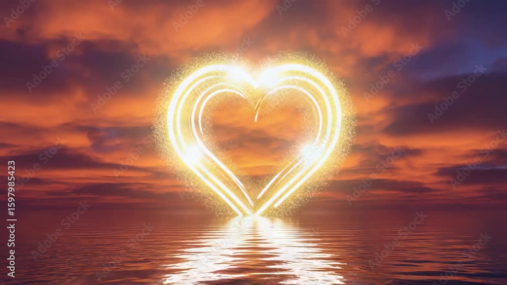 Poster multiple glowing lines form a heart shape rising above a calm ocean reflecting the beautiful colors 