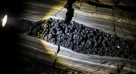 Dark rock wall with bright light shining upon it with rounded black pebbles, Geological formation of stratified rock illuminated with flashlight