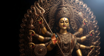 Obraz premium Golden Statue of Goddess Durga with Multiple Arms and Trident
