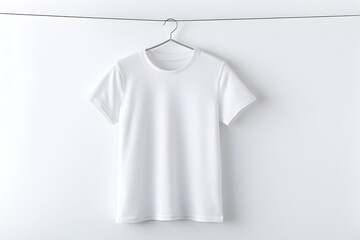 White T-Shirt Hanging on Hanger Against White Background