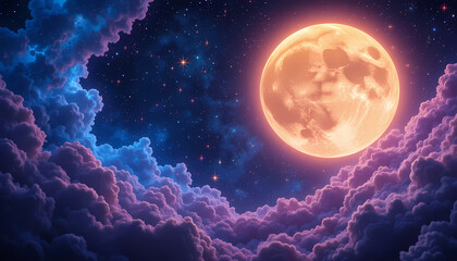 A serene nightscape featuring a large moon amidst colorful clouds and twinkling stars in the dark sky