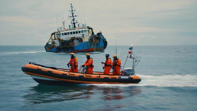 Coast guard team navigating an inflatable motorboat through open sea, approaching a fishing vessel while conducting a maritime emergency operation focused on safety and rescue efforts