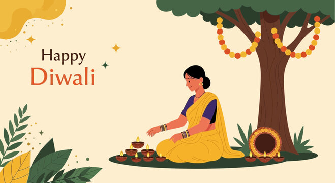 Woman Celebrating Diwali With Traditional Diyas Under Tree Decoration Festival