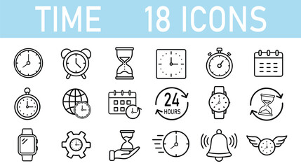 Time Vector Icon Set | Outline | Clock, Calendar, Stopwatch, Hourglass, Alarm
