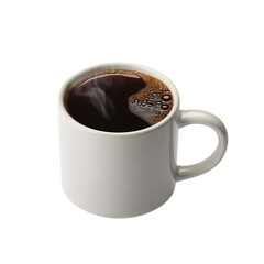 White ceramic mug filled with hot black coffee isolated on transparent background