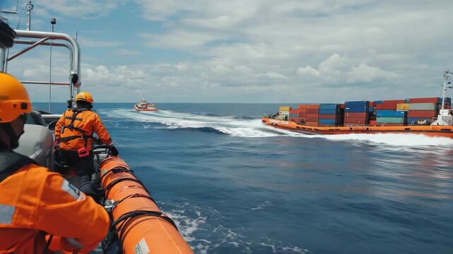 Coast guard officers patrolling on a boat navigate the sea while monitoring a container ship transporting cargo, ensuring maritime safety and security in international waters