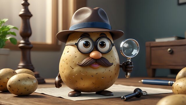 Funny potato detective character with a magnifying glass in an office