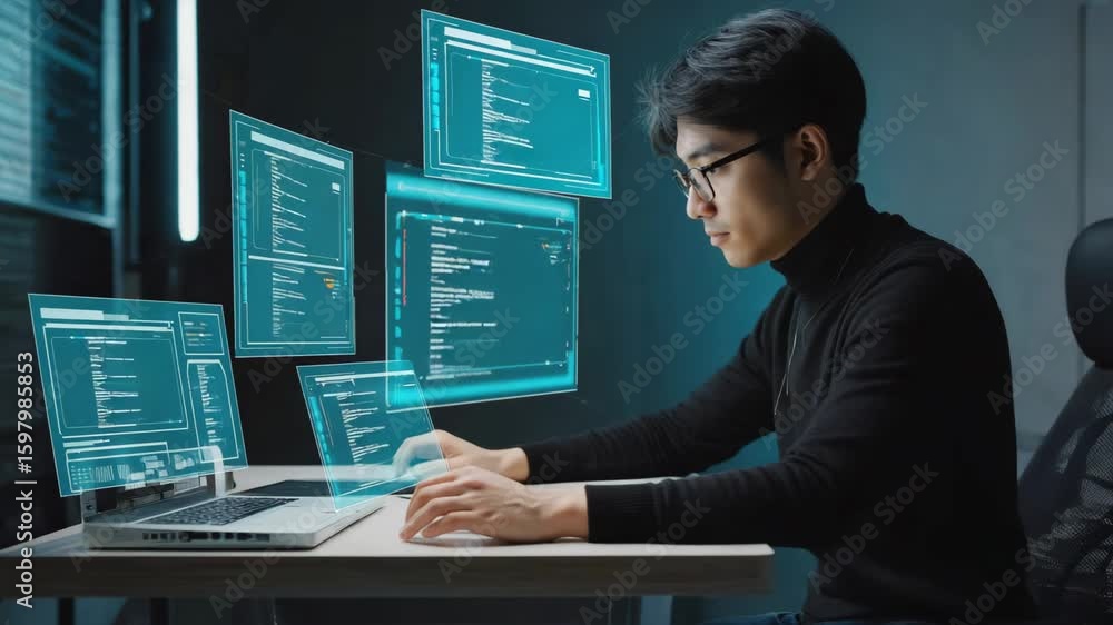 Poster asian male programmer is working on a laptop with holographic augmented reality software displaying 