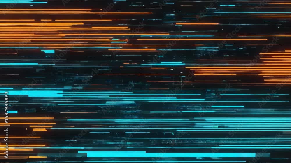 Poster horizontal lines in vibrant orange and blue streaming across a dark background, creating a captivati