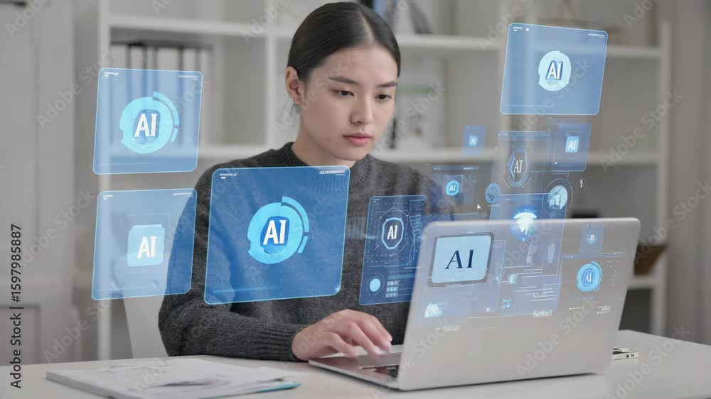 Poster asian woman programmer working intently on a laptop, surrounded by a futuristic artificial intellige