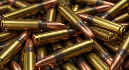 Pile of metallic ammunition brass and copper bullets defense security background texture