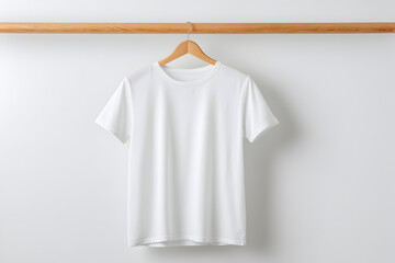 White T-Shirt on Wooden Hanger Against White Background