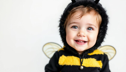 Joyful child in bee costume with white background and soft lighting
