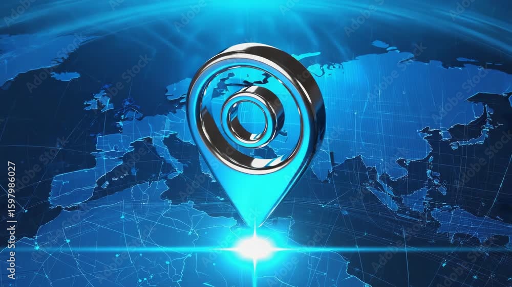 Poster metallic location pin hovering above a glowing world map with interconnected lines, symbolizing glob