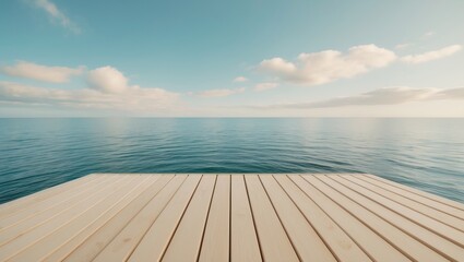 A calm ocean view from a wooden dock with a partly cloudy sky.