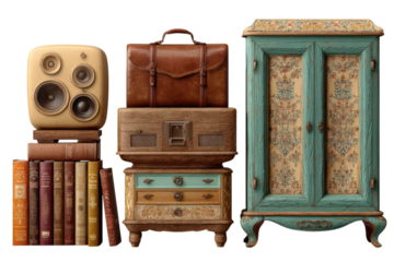 Vintage Finds Stacked Speaker Books Briefcase Antique Radio Dresser and Ornate Cabinet on Black