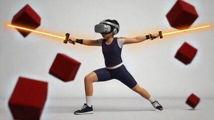Athletic woman wearing a virtual reality headset and holding controllers is playing a fighting game with light swords and floating cubes - Powered by Adobe