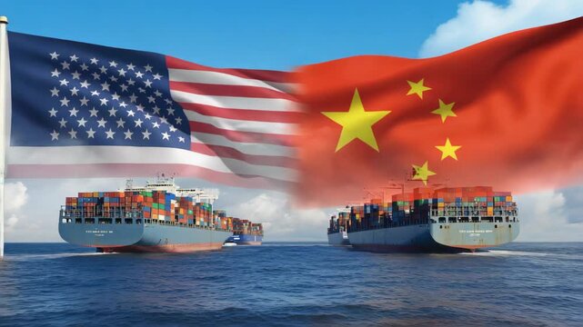 Container ships sailing towards each other under waving flags of usa and china representing international trade, import, export, and global business partnership