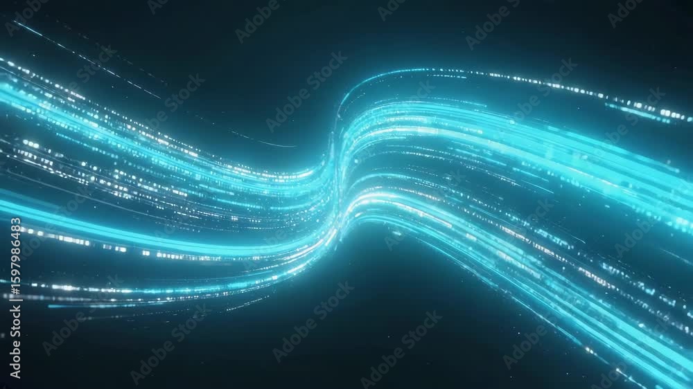 Poster binary code forming swirling light trails flowing on dark background, representing digital data stre