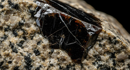 Andradite Garnet Specimen Embedded in Matrix, Close-Up View of a Dark Brown Andradite Garnet Crystal on a Light-Colored Rock