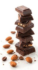 Chocolate tower with scattered almonds on clean surface