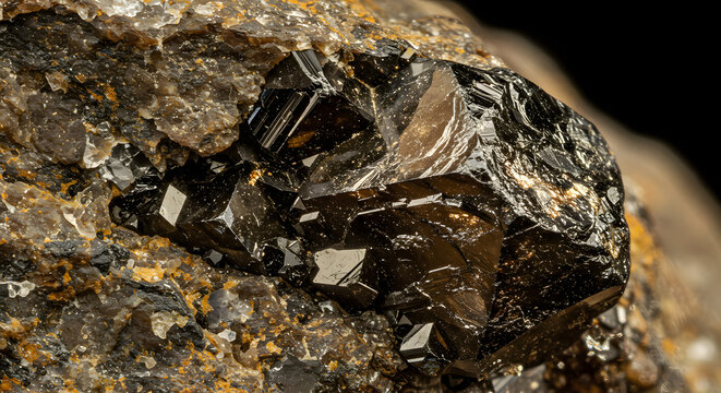 A cluster of dark brown Cassiterite crystals in front of a black background,Close-up of crystallized dark Cassiterite mineral on a Quartz matrix