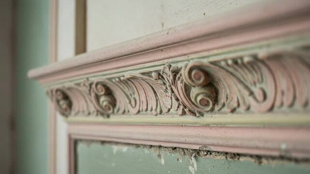 Ornate antique molding with peeling paint. Close up detail of dusty, decorative trim in a derelict building.