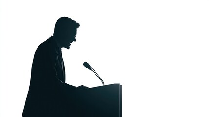 Silhouette of a man speaking behind a podium, against a white background