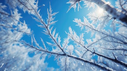 Frozen branches with ice crystals under bright sunlight on a clear winter day. Winter nature scene with snow-covered trees and cold weather.