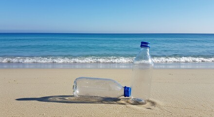 Plastic bottles discarded on sandy beach environmental pollution concept