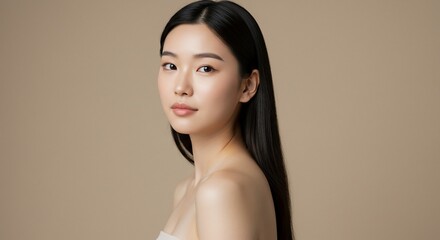 Portrait of a beautiful young woman with long straight black hair in a studio setting
