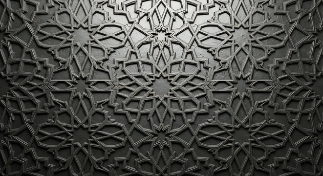 A close up view of an intricate dark gray islamic geometric pattern with star designs etched in