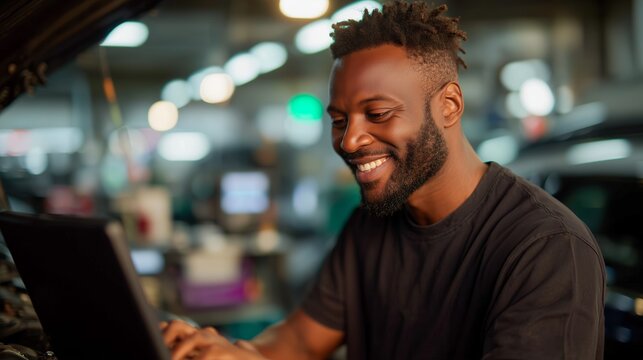 Man working on laptop at automotive workshop while smiling in a busy garage environment during daytime hours